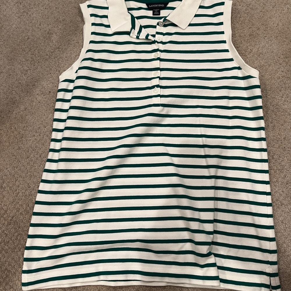 Lands' End Women's White and Green Striped Button Down Shirt- Size M